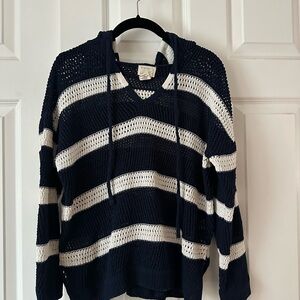 Navy and White Striped Knit Hoodie